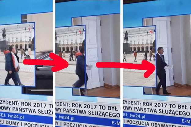 Two side-by-side views of separate locations make it appear a man in a jacket walks into a square and becomes a man in a suit