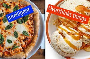 A pizza is on the left labeled, "intelligent" with scoops of ice cream labeled, "overthinks things"