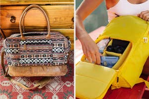 reviewer photo of a faux leather weekender bag with a fun canvas print / model taking something out of an inner compartment in a yellow backpack