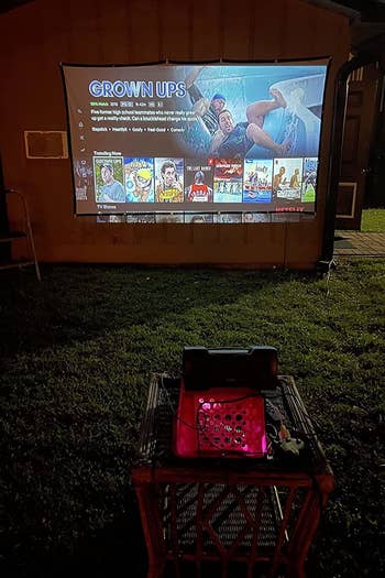 netflix projected on a screen in a backyard