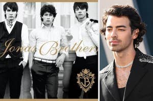 The Jonas Brothers are on an album on the left with Joe Jonas on the right