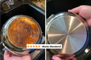 Reviewer's pan before and after using Bar Keepers Friend soft cleanser