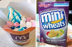 Left: Bubblegum McFlurry; Right: A box of blackcurrant-flavoured Mini Wheats cereal