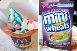 Left: Bubblegum McFlurry; Right: A box of blackcurrant-flavoured Mini Wheats cereal