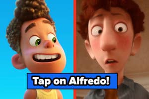 "tap on alfredo!" with pictures of alberto from luca and alfredo from ratatouille