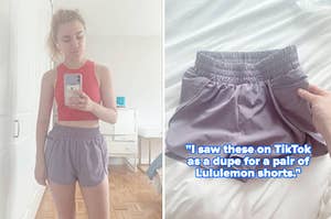L: buzzfeed editor wearing pale purple running shorts R: closeup of the shorts with text on image that says "i saw these on tiktok as a dupe for a pair of lululemon shorts"