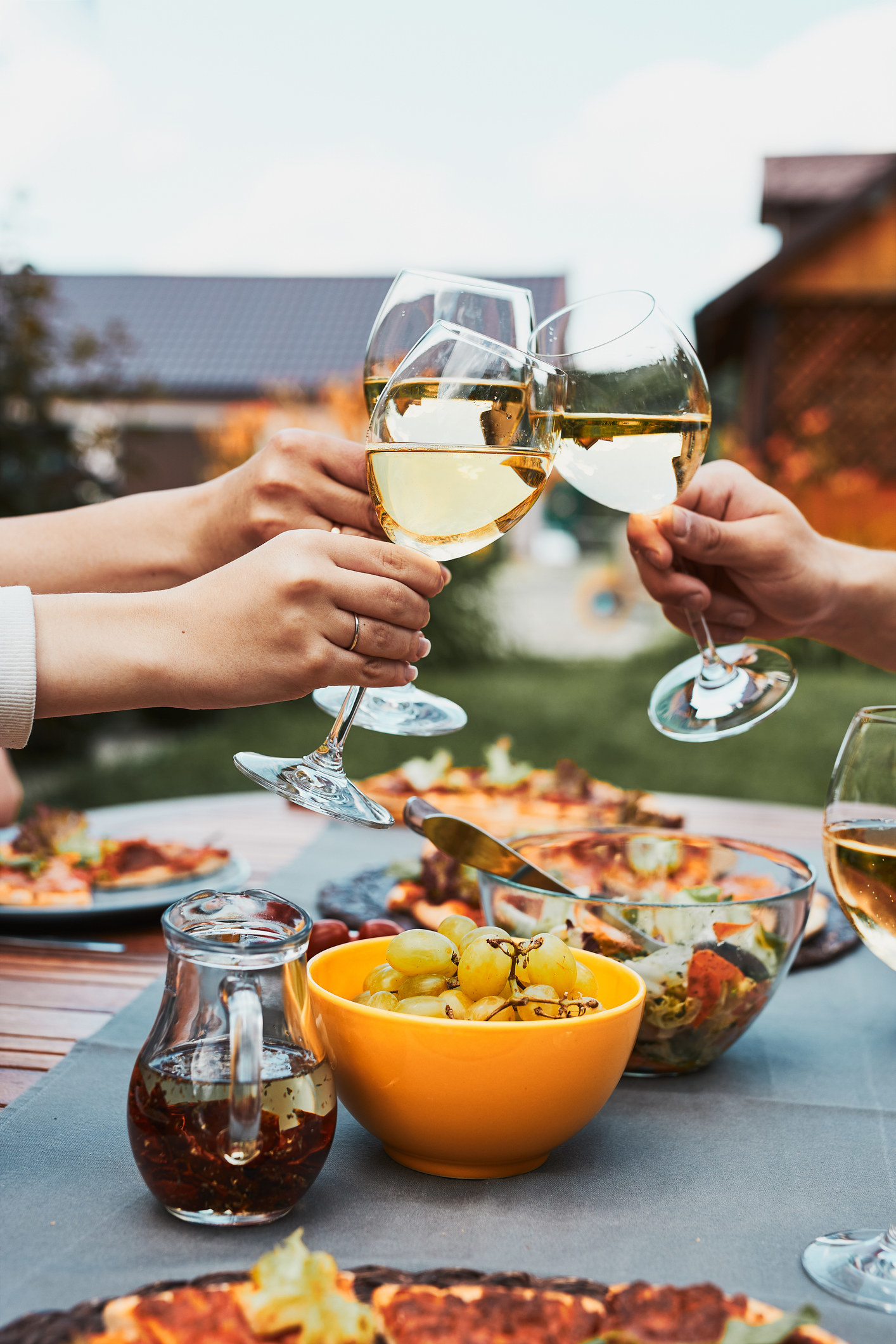 Friends toasting with wine glasses at an outdoor dinner party