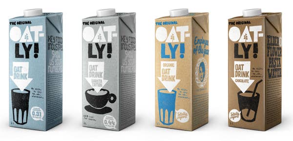 Four cartons of Oatly branded Oat milk