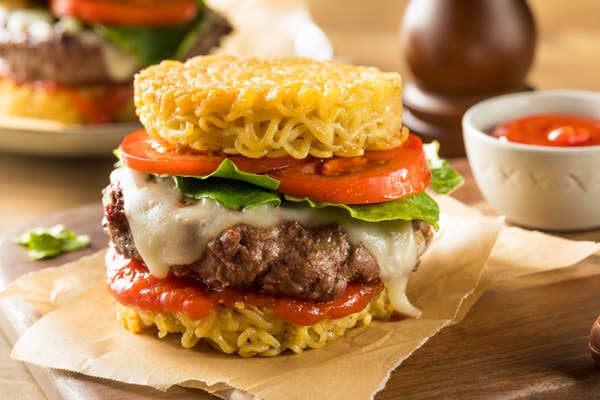 A cheeseburger, but the buns are made of ramen noodles packed into a circular disc