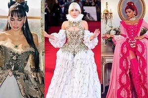 Dua Lipa, Lady Gaga, and Bebe Rexha dressed in fancy ballgowns