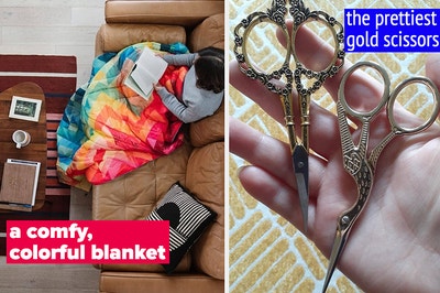 someone reading on a couch while wrapped in a colorful blanket with text: a comfy, colorful blanket / reviewer holding two pairs of gold scissors with text: the prettiest gold scissors