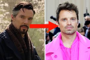 On the left, Doctor Strange, and on the right, Sebastian Stan with an arrow from Doctor Strange to Sebastian in the middle