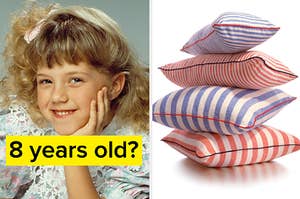 stephanie tanner on the left with 8 years old written under her and some throw pillows on the right