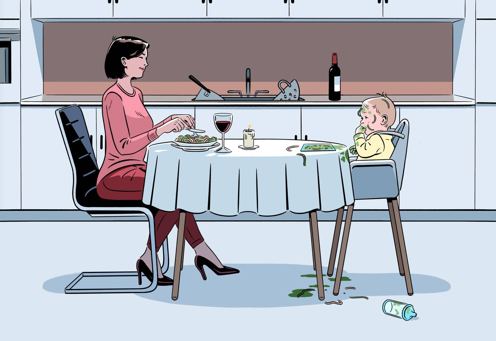 Illustration of a mother and her child dining together in the kitchen; the baby has food all over them