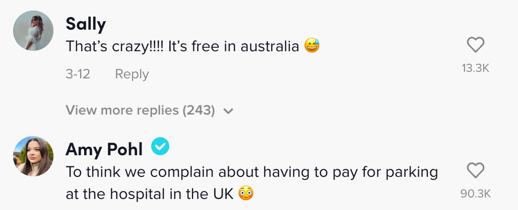 Commenters saying having a baby is free in Australia and all they have to pay is parking in the UK