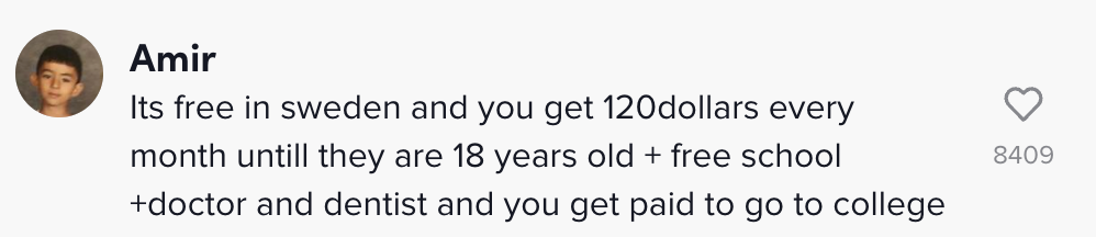 Commenter saying giving birth in Sweden is free and they provide $120 every month until the child is 18 years old