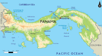 map of Panama, the Panama canal, and the Pacific Ocean south of it