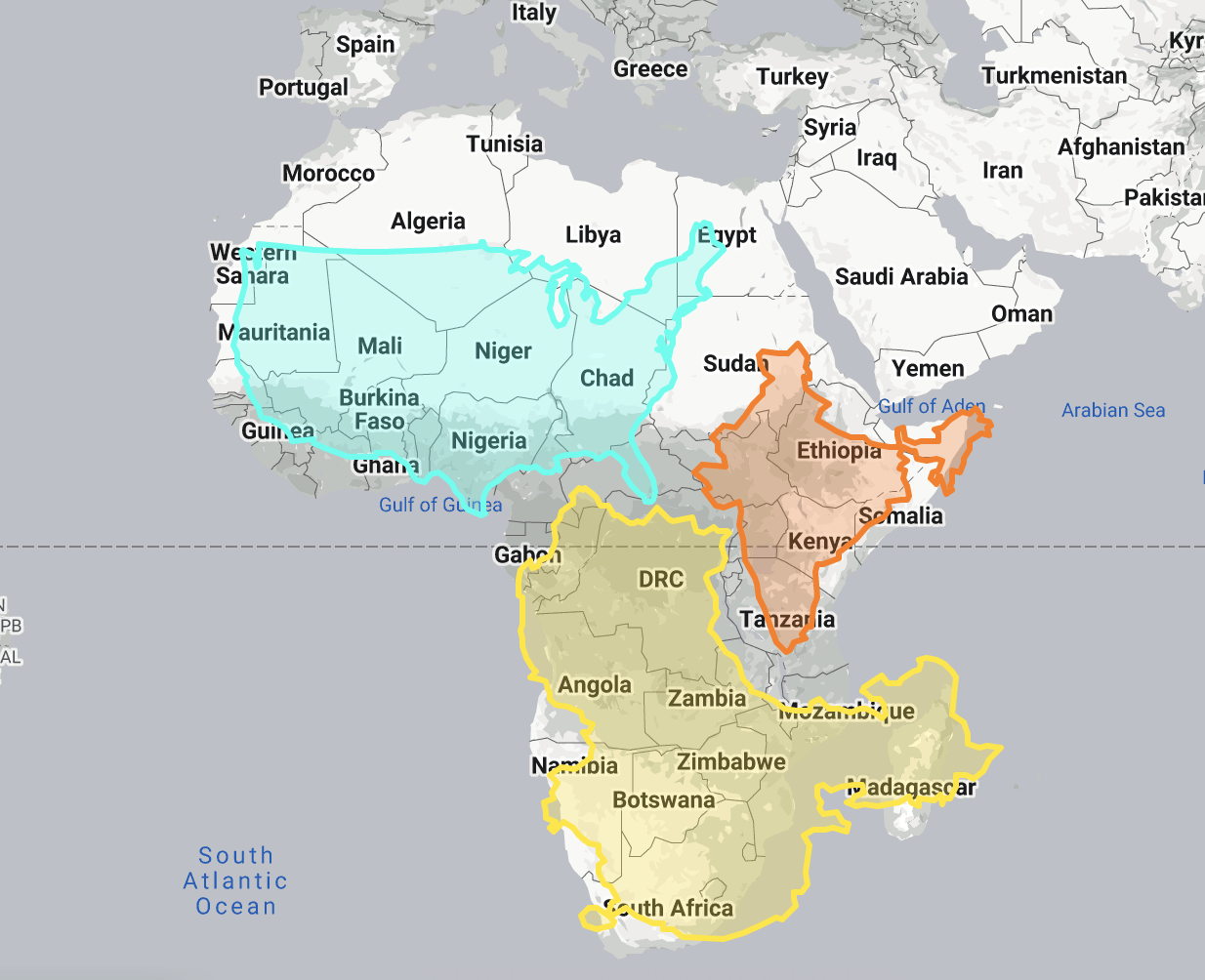Africa with outlines of the US, China, and India photoshopped on top to show they all fit inside the continent
