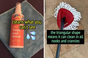 the yoga mat spray with text "cleans what you can't see", the mop with text "the triangular shape means it can clean in all nooks and crannies"