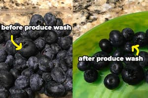 L: waxy blueberries that have only been washed with water R: the same blueberries after they were cleaned with a produce wash and they no longer look waxy