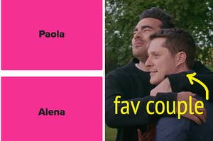 "Paola and Alena" are written on the left with a couple from "Schitt's Creek" labeled, "fav couple"