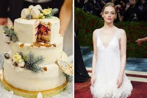 On the left, a wedding cake with a slice taken out of it, and on the right, Emma Stone wearing her short wedding dress at the Met Gala
