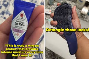 on the left a hand holding lip balm with text that reads "This is truly a miracle product that provides intense moisture every time that I wear it"; on the right a hand holding a detangling brush