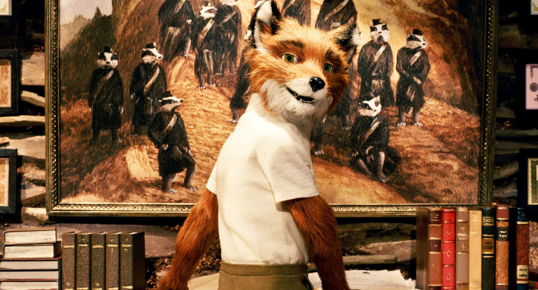an animated fox looking back as he stands in front of a bookshelf and large painting