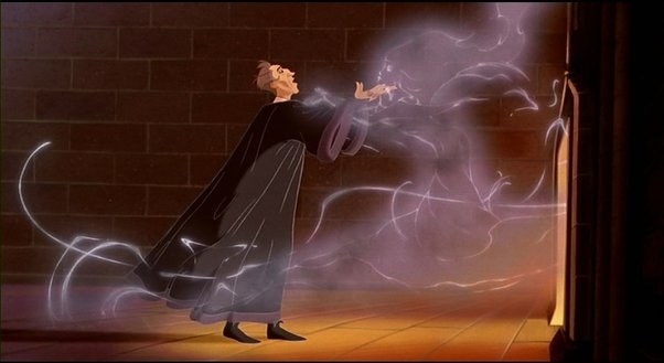 a cartoon man wearing a cloak with the outline of a woman coming out like a cloud or spirit