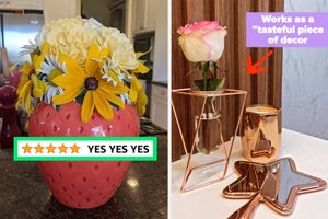 Vintage orange juice-shaped vase with flowers inside it on top of white table, metal framed vase-shaped frames around glass vases with plants