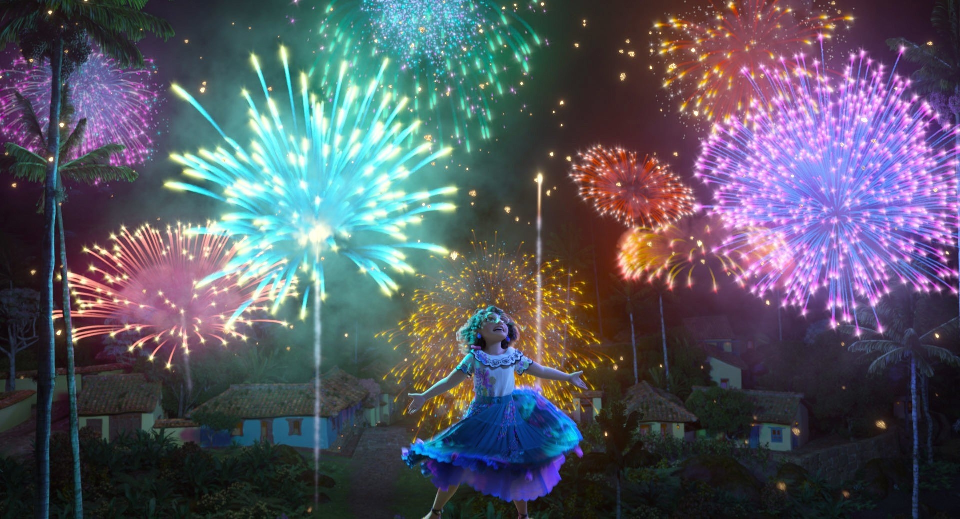 a cartoon character singing and dancing while fireworks go off at night