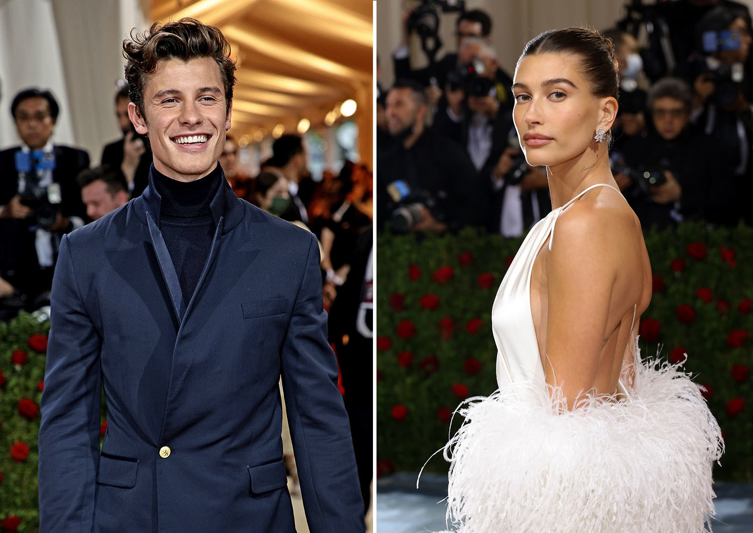 Shawn Mendes smiles in a suit; Hailey Bieber stands and looks to the side on the red carpet