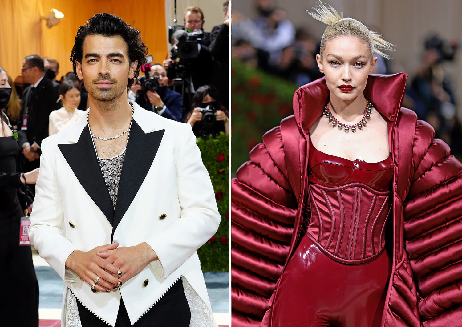 Joe Jonas smiles and wears a white jacket; Gigi Hadid poses in a monochrome outfit