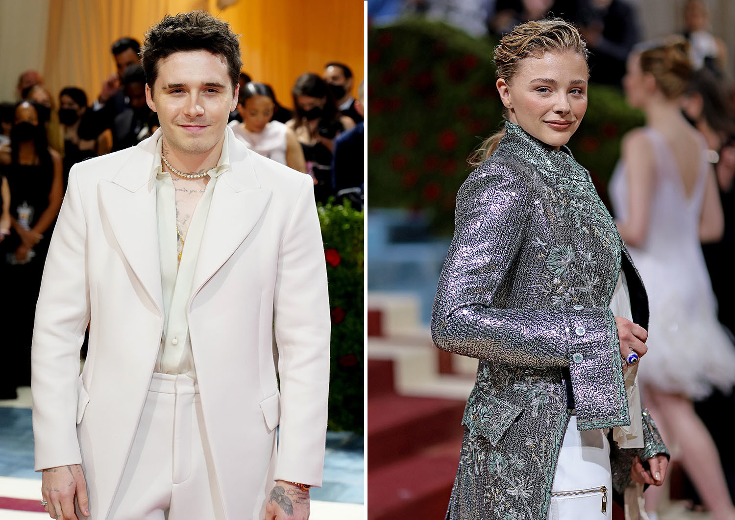 Brooklyn Beckham stands and smiles on the red carpet; Chloe Grace Moretz stands to the side and smiles