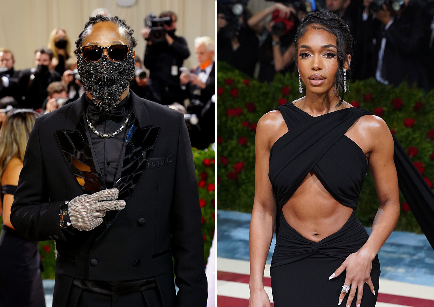 Future giving a peace sign; Lori Harvey stands and smiles on the red carpet