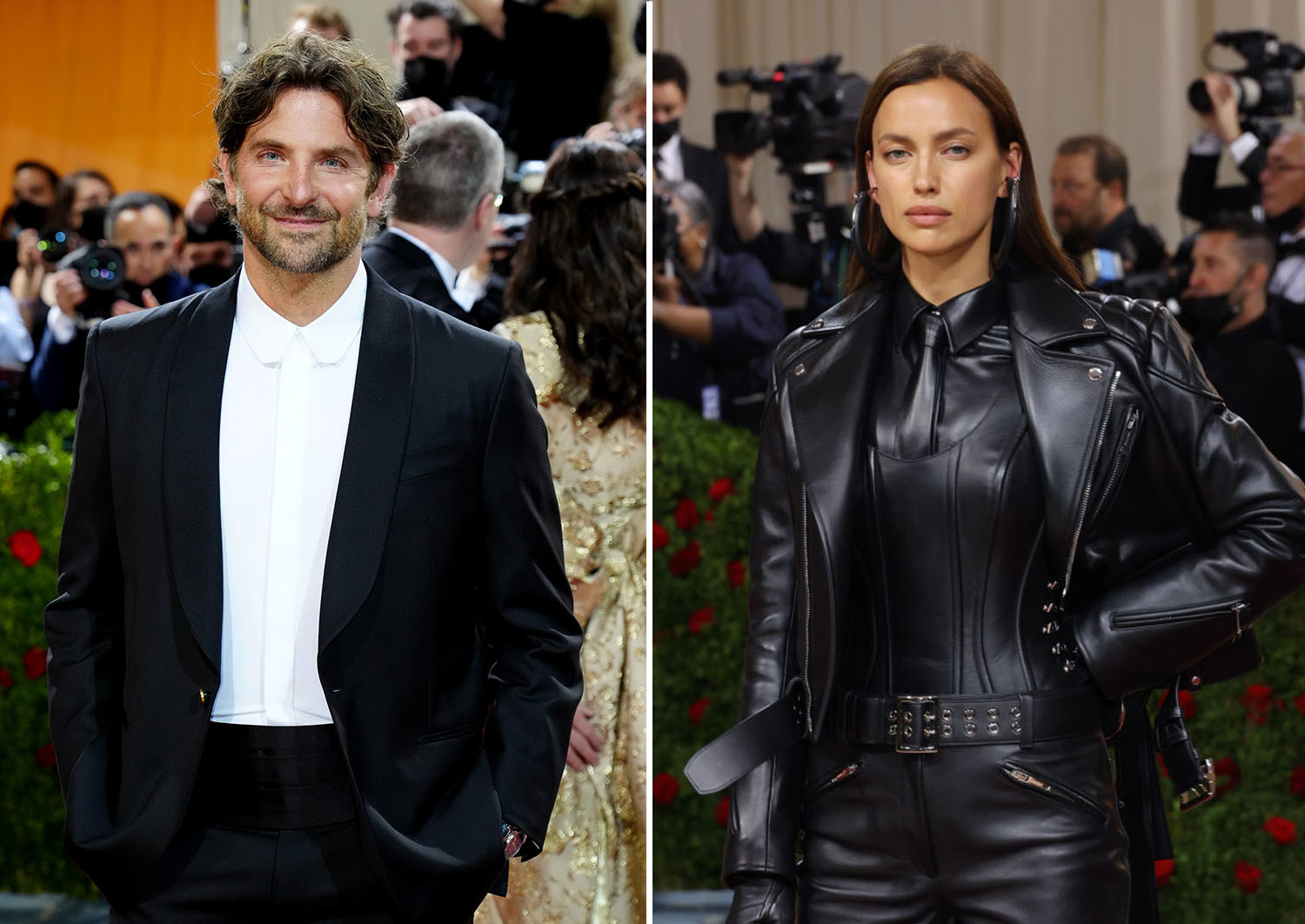 Bradley Cooper stands with his hands in his pockets; Irina Shayk stands with on hand on her hip