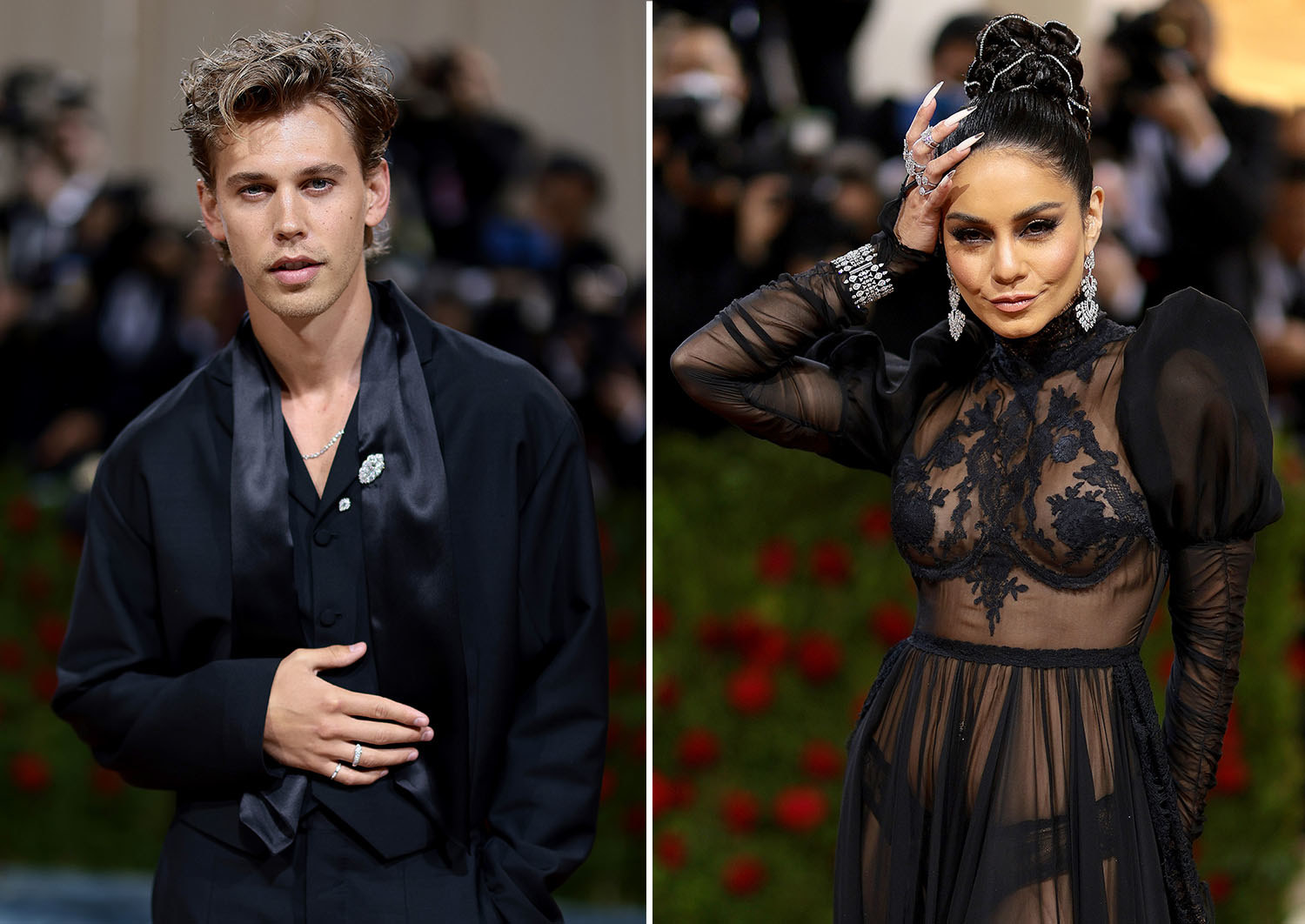 Austin Butler poses in a suit; Vanessa Hudgens smiles and poses in a see-through dress