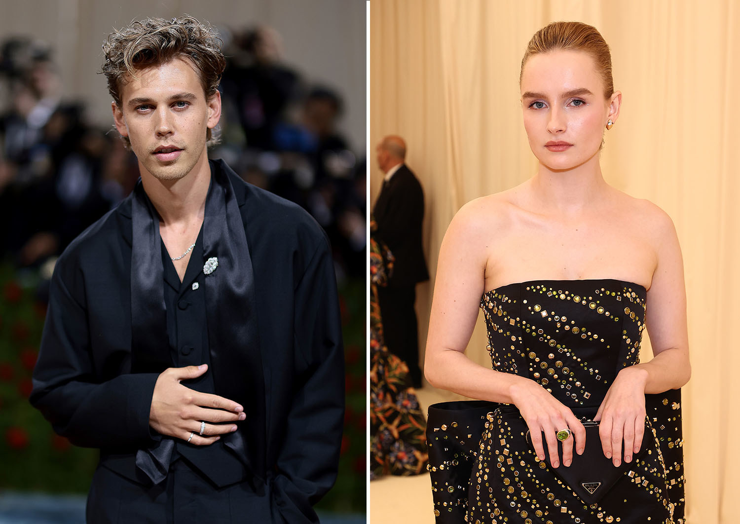 Austin Butler poses in a suit; Olivia DeJonge poses in a gold-studded evening gown
