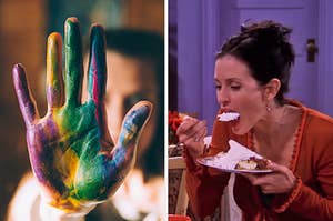 On the left, a hand covered in paint, and on the right, Monica from Friends eating a trifle