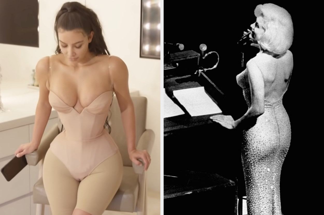 Kim K wearing body-shaping clothing; Marilyn Monroe at the podium