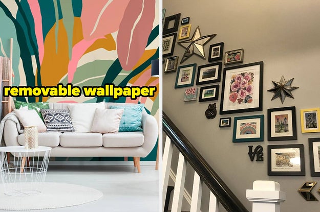 on left, tropical-print pink, green, yellow removable wallpaper behind couch. on right, gallery wall with frames created with command strips across from staircase