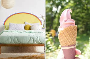 On the left, a bed with a vibrant, stick-on headboard on the wall behind it, and on the right, someone holding a strawberry soft serve cone