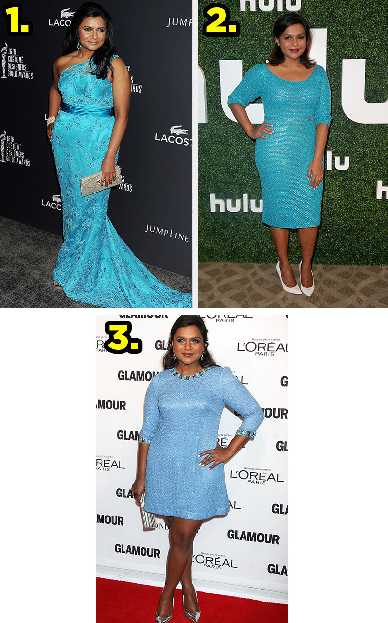 1. Mindy wears a one shouldered gown covered in lace detailing. 2. Mindy wears a tea-length body con dress that sparkles. 3. Mindy wears a longsleeved minidress that shimmers.