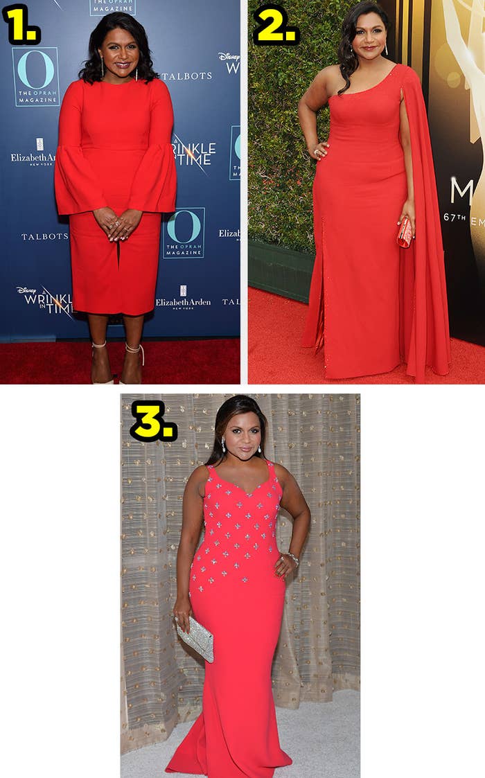 1. Mindy wears a tea-length dress with bell sleeves. 2. Mindy wears a one shouldered gown with a long cape on the shoulder strap. 3. Mindy wears a sleeveless gown with metal embellishments.