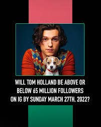 Tom Holland holding a puppy, while text reads, &quot;Will Tom Holland be above or below 65 million followers on IG by Sunday, March 27th, 2022?&quot;