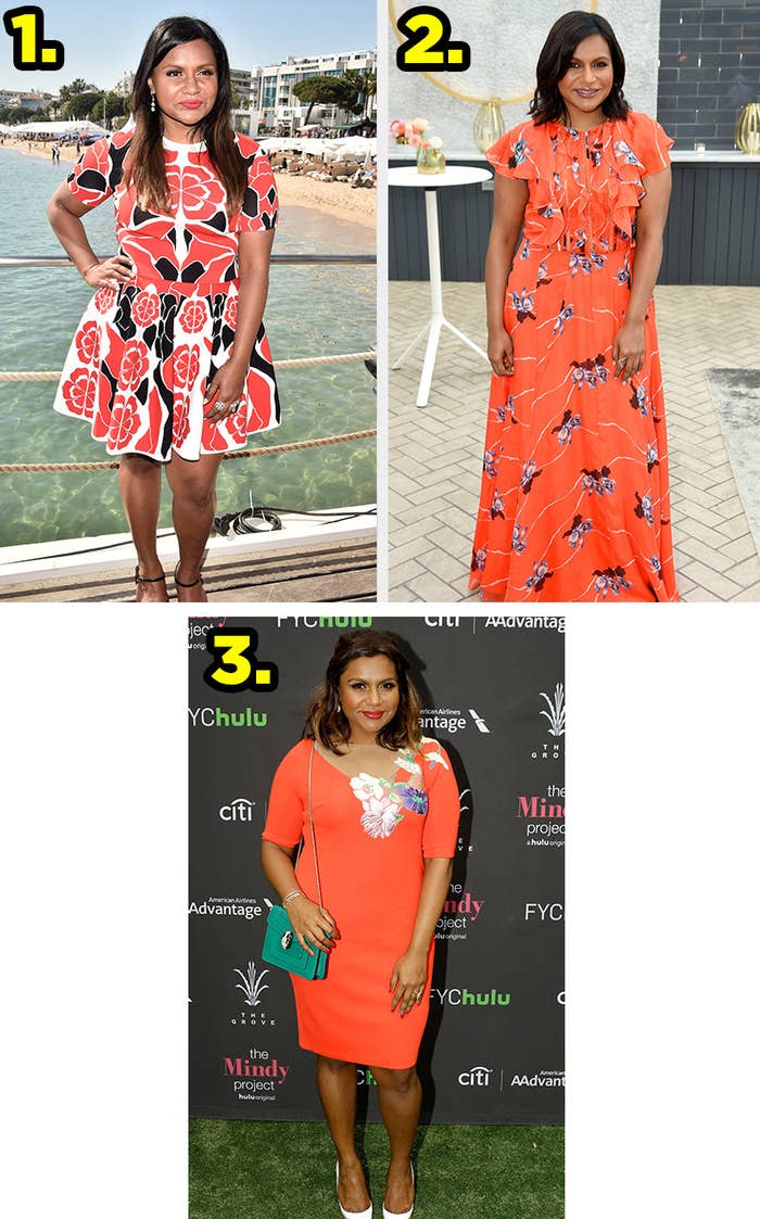 1. Mindy wears a patterned a-line dress while standing on a pier. 2. Mindy wears a floor-length patterned dress with ruffles on the top. 3. Mindy wears a knee-length dress with a floral print on the neckline.