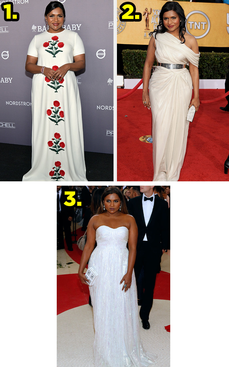 1. Mindy wears a shortsleeved gown with flowers embroidered down the front. 2. Mindy wears an off the shoulder gown with a metal belt. 3. Mindy wears a shiny, metallic strapless dress.