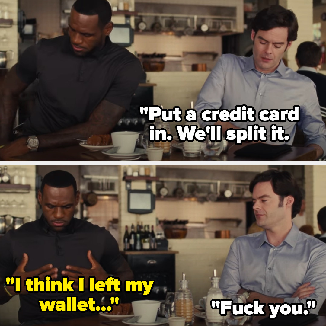 in trainwreck, aaron says they&#x27;ll split the bill, and lebron says he left his wallet in the car