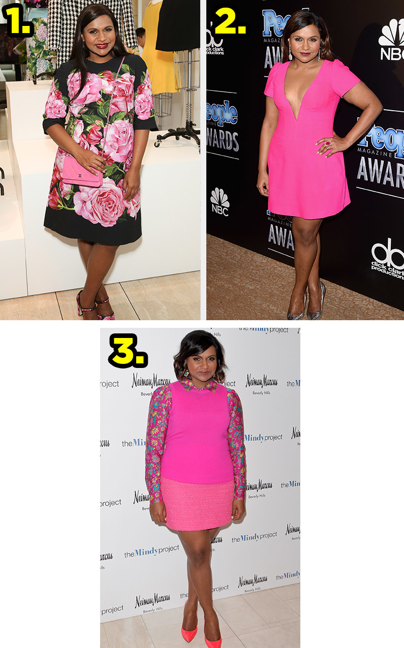 1. Mindy wears a tea-length dress covered in a floral print. 2. Mindy wears a minidress with a deep V neckline. 3. Mindy wears a matching skirt and sweatvest with a printed buttondown underneath.
