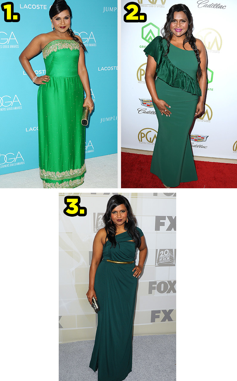1. Mindy wears a strapless gown with gold embellishments at the hem. 2. Mindy wears an asymmetrical one shoulder gown with a giant ruffle across the front. 3. Mindy wears a one shoulder gown with a belt cinched at the waist.